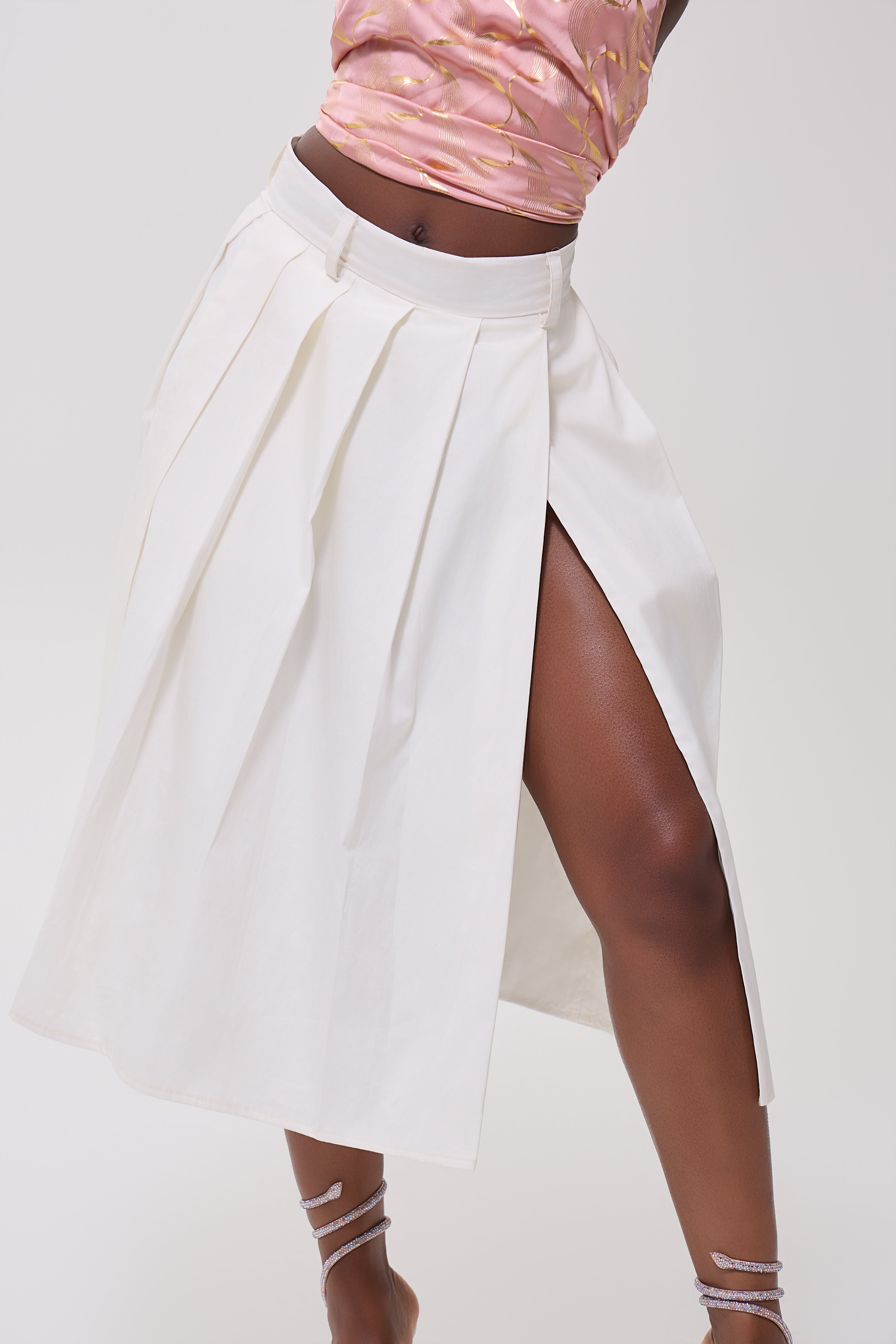 Vienna Pleated Split Skirt Cotton Midi with Side Slit